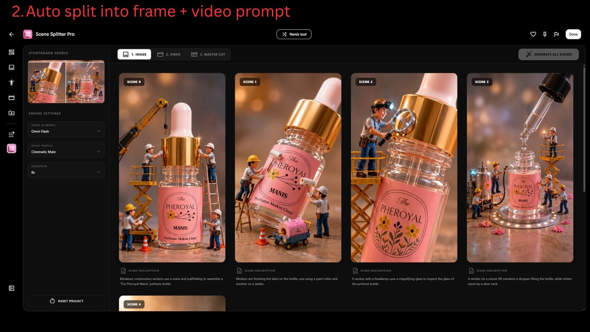 Supplied Scene Splitter Pro prototype screenshot showing a storyboard and generated scene panels